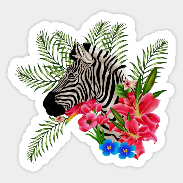 Zebra with Floral, Tropical, African Animal Sticker by logiamerch